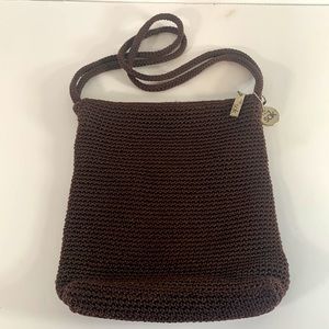 The Sak Double Handle Lined Brown Crochet Knit Zipper Shoulder Hand Bag Purse